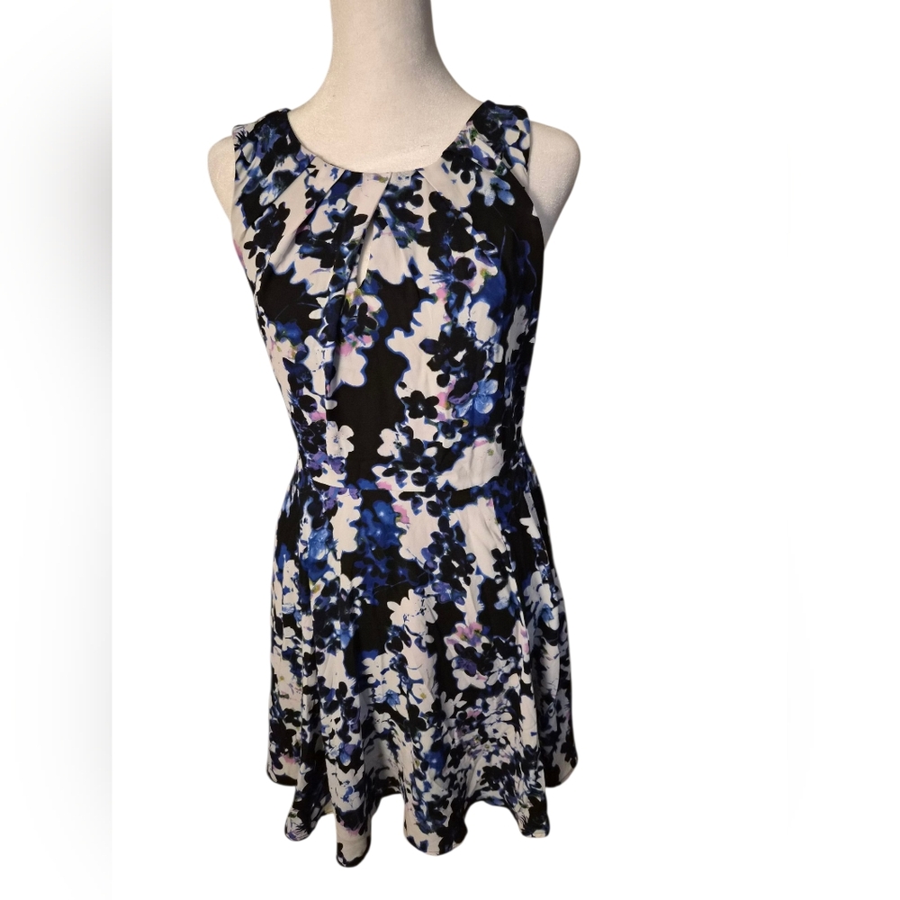 Express Black and Blue Floral Skater Dress with pleated top